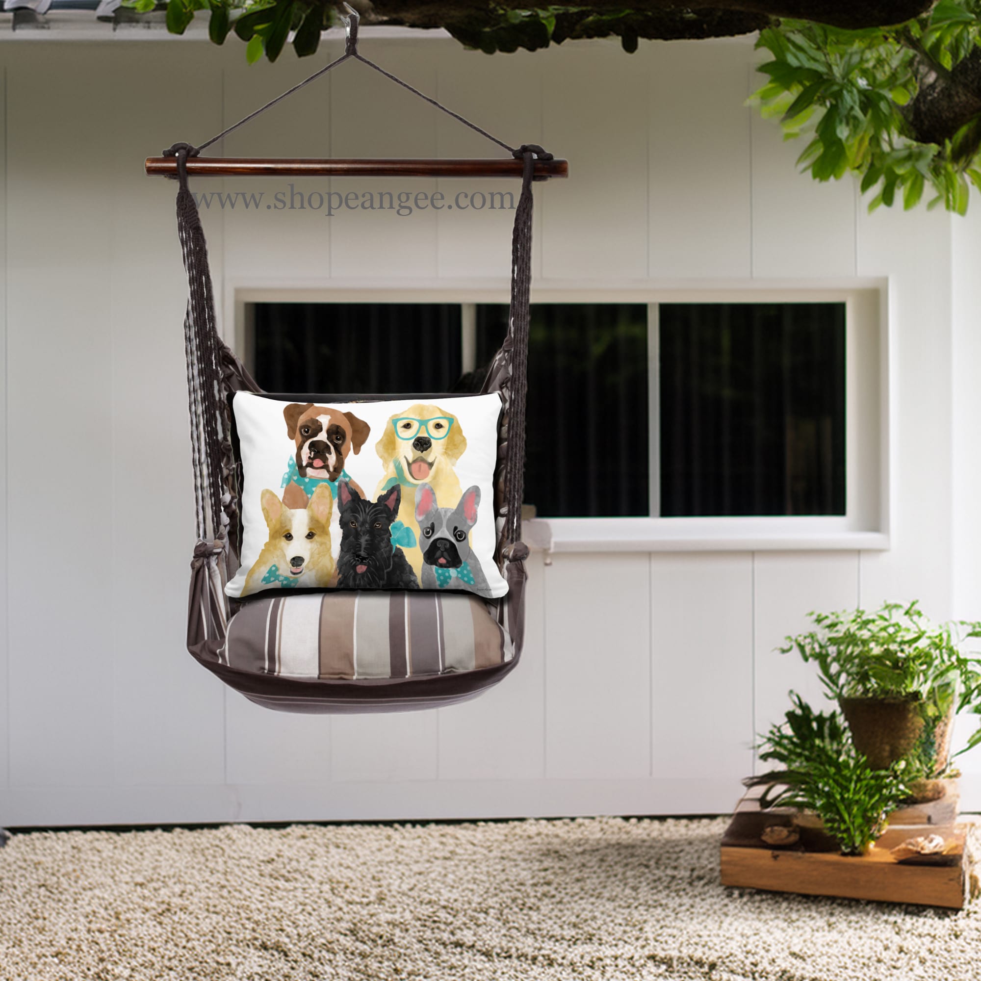 In a poolside chaise a gray outdoor swing crafted by the artisans of Magnolia Casual called the Swing Set 4 piece Slate Gray Stripe w/ Dog Portrait is displayed featuring 100 percent weather resistant fabric, weather resistant polyester fabric, handcrafted adding comfort and style to the space featuring with a stripe motif and shades of gray.