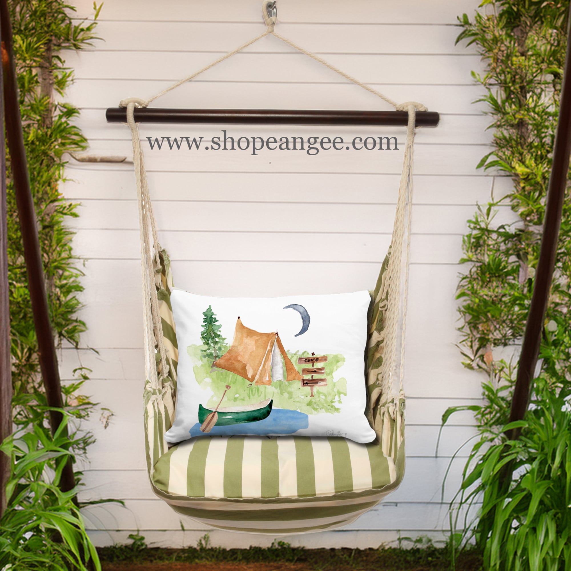 In a poolside chaise a multi colored outdoor swing crafted by the artisans of Magnolia Casual called the Swing Set 4 piece Summer Palms Stripe w/ Summer Camp is displayed featuring 100 percent weather resistant fabric, weather resistant polyester fabric, handcrafted adding comfort and style to the space featuring with a stripe motif.