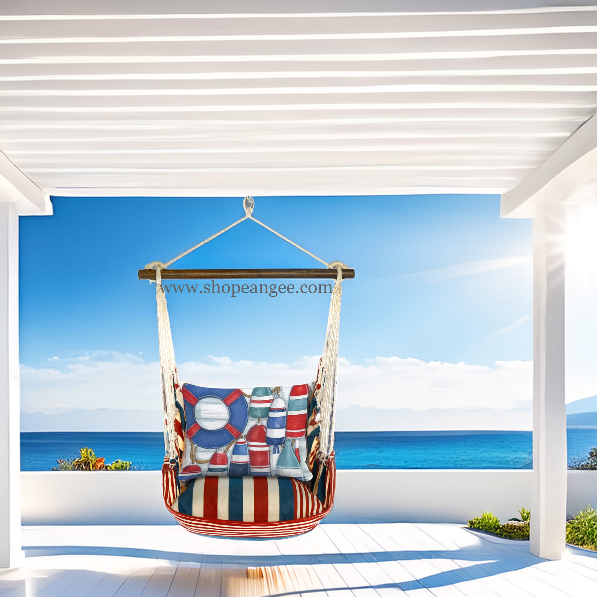 In a poolside chaise a red outdoor swing crafted by the artisans of Magnolia Casual called the Swing Set 4 piece Stars & Stripes w/ Red and Blue Buoys is displayed featuring 100 percent weather resistant fabric, weather resistant polyester fabric, handcrafted adding comfort and style to the space featuring with a stripes motif and shades of red and blue.