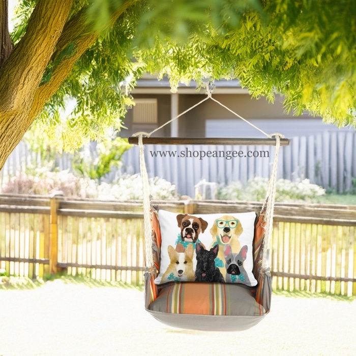 In a sunlit patio lounge a multi colored outdoor swing crafted by the artisans of Magnolia Casual called the Swing Set 4 piece Serene Sunset w/ Dog Portrait is displayed featuring 100 percent weather resistant fabric, weather resistant polyester fabric, handcrafted adding comfort and style to the space featuring with a dog motif.
