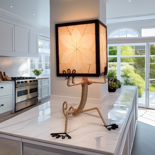 In a coastal inspired living room, crafted by the artisans of Eangee Home Design, the Enlightened Gecko Table Lamp in natural stands gracefully, featuring fossilized cocoa leaf shade, guyabano leaf shade, abaca rope accents, wrought iron frame, handcrafted, adding warmth and character to the space.
