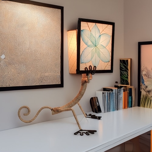 Gecko?shaped table lamp crafted by Eangee Home Design with sea blue fossilized cocoa?leaf panels hand?stitched onto a wrought?iron frame; playful gecko silhouette hugs the shade, and cozy light radiates across the textured leaf panels; artisan?made from sustainable materials