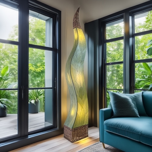 In a studio setting, the Flame Giant crafted by the artisans of Eangee Home Design Lamp in green finish by Eangee Home Design creates an inviting atmosphere with its fossilized cocoa leaf panels, abaca twine accents, and hand placed natural leaves.