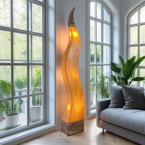 In a studio setting, the Flame Giant crafted by the artisans of Eangee Home Design Lamp in orange finish by Eangee Home Design creates an inviting atmosphere with its fossilized cocoa leaf panels, abaca twine accents, and hand placed natural leaves.