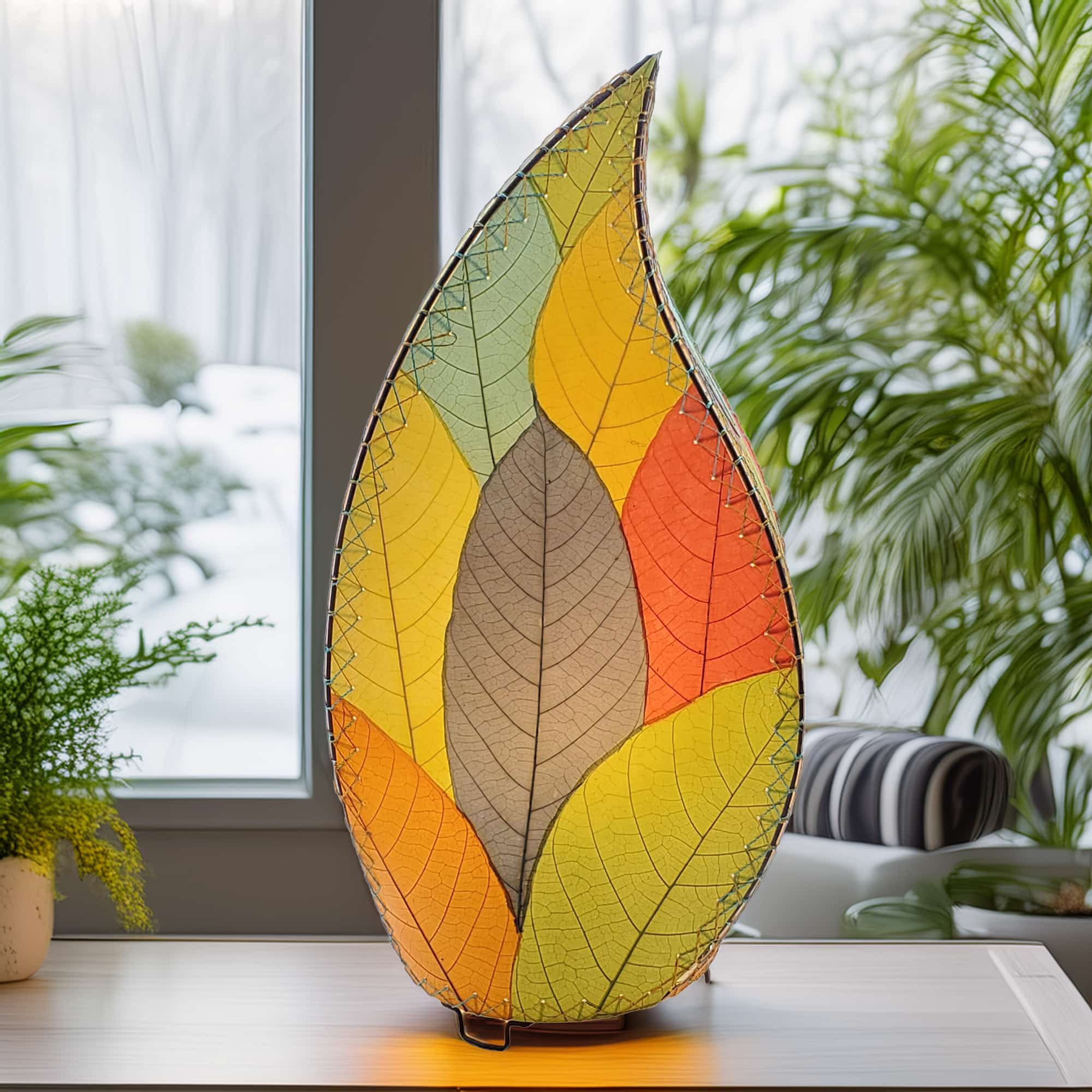 In a sun drenched entryway, crafted by the artisans of Eangee Home Design, the 24 Inch Leaflet Lamp in multi color stands gracefully, featuring fossilized cocoa leaf shade, abaca rope accents, wrought iron frame, handcrafted, adding warmth and character to the space.
