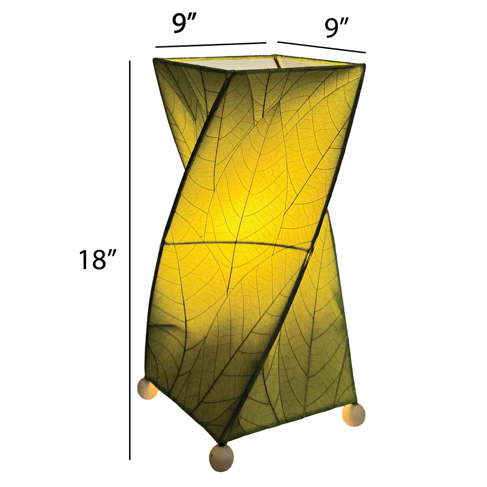 Crafted by the artisans of Eangee Home Design, the Twist Table Lamp in green against a clean backdrop, featuring fossilized cocoa leaf shade, wrought iron frame, handcrafted.