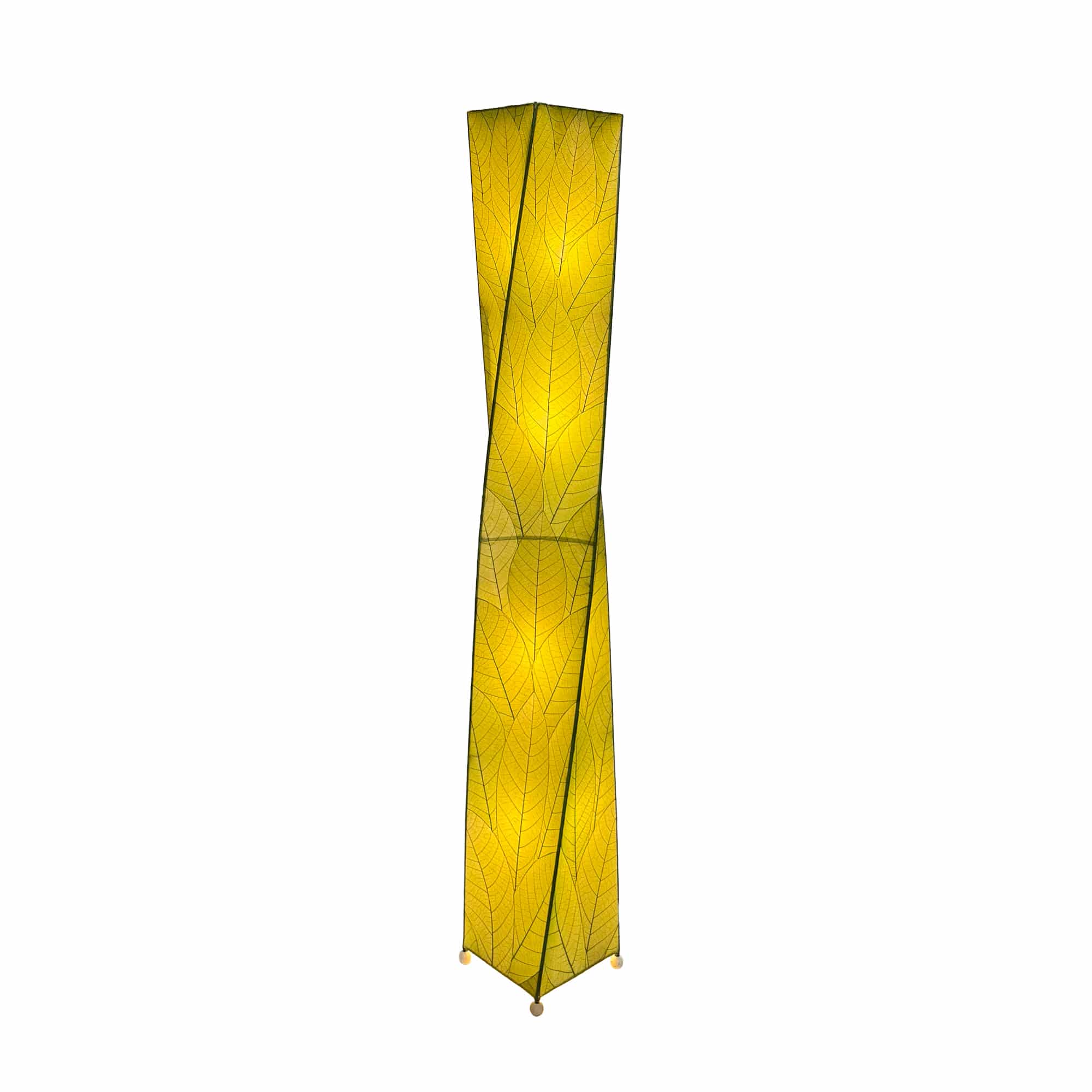 Crafted by the artisans of Eangee Home Design, the Twist Giant Floor Lamp in green against a clean backdrop, featuring fossilized cocoa leaf shade, wrought iron frame.