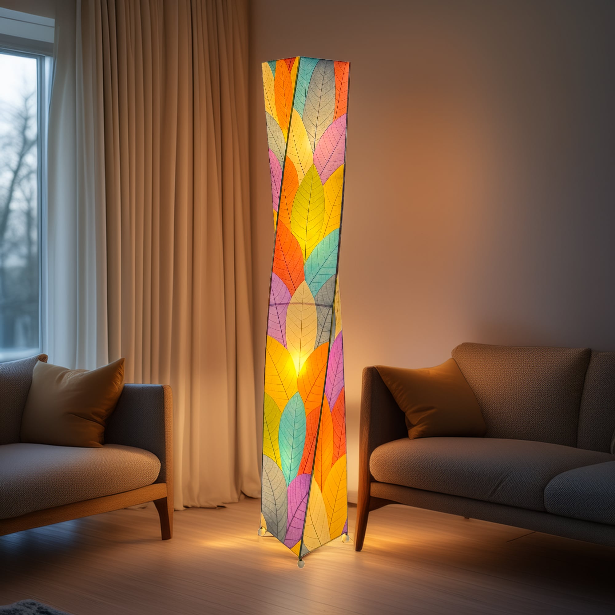 Crafted by the artisans of Eangee Home Design, the Twist Giant Floor Lamp in multi color against a clean backdrop, featuring fossilized cocoa leaf shade, wrought iron frame.