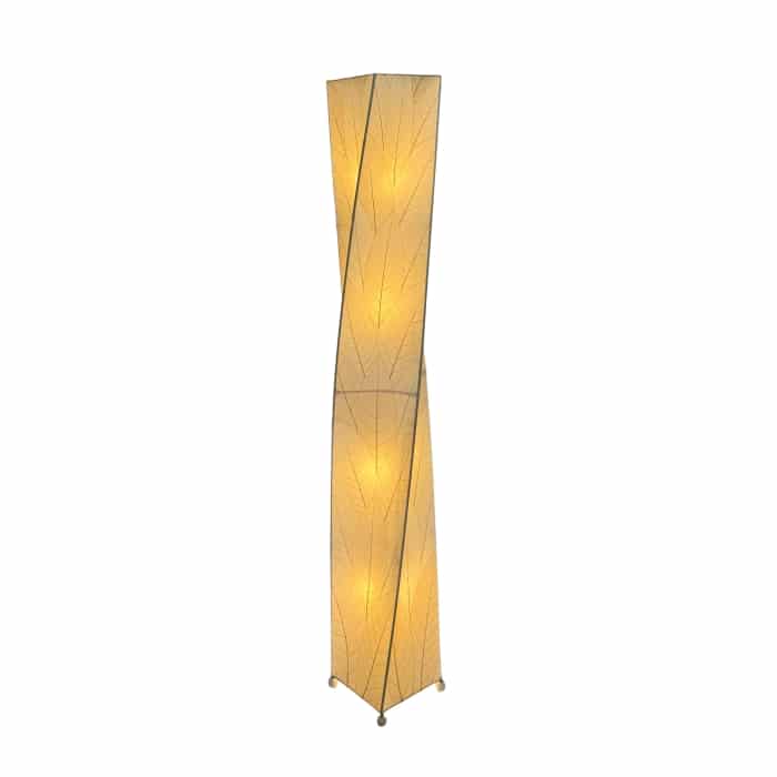 Crafted by the artisans of Eangee Home Design, the Twist Giant Floor Lamp in natural against a clean backdrop, featuring fossilized cocoa leaf shade, wrought iron frame.
