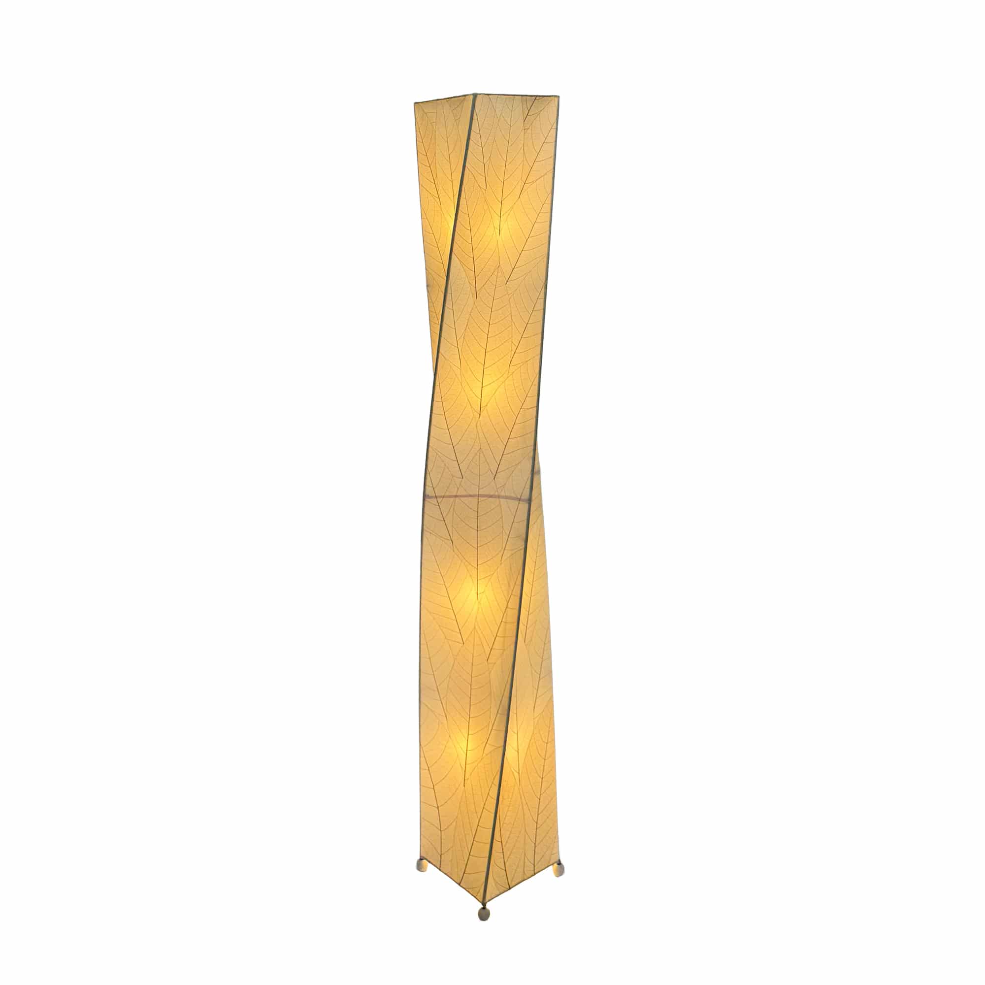 Crafted by the artisans of Eangee Home Design, the Twist Giant Floor Lamp in natural against a clean backdrop, featuring fossilized cocoa leaf shade, wrought iron frame.