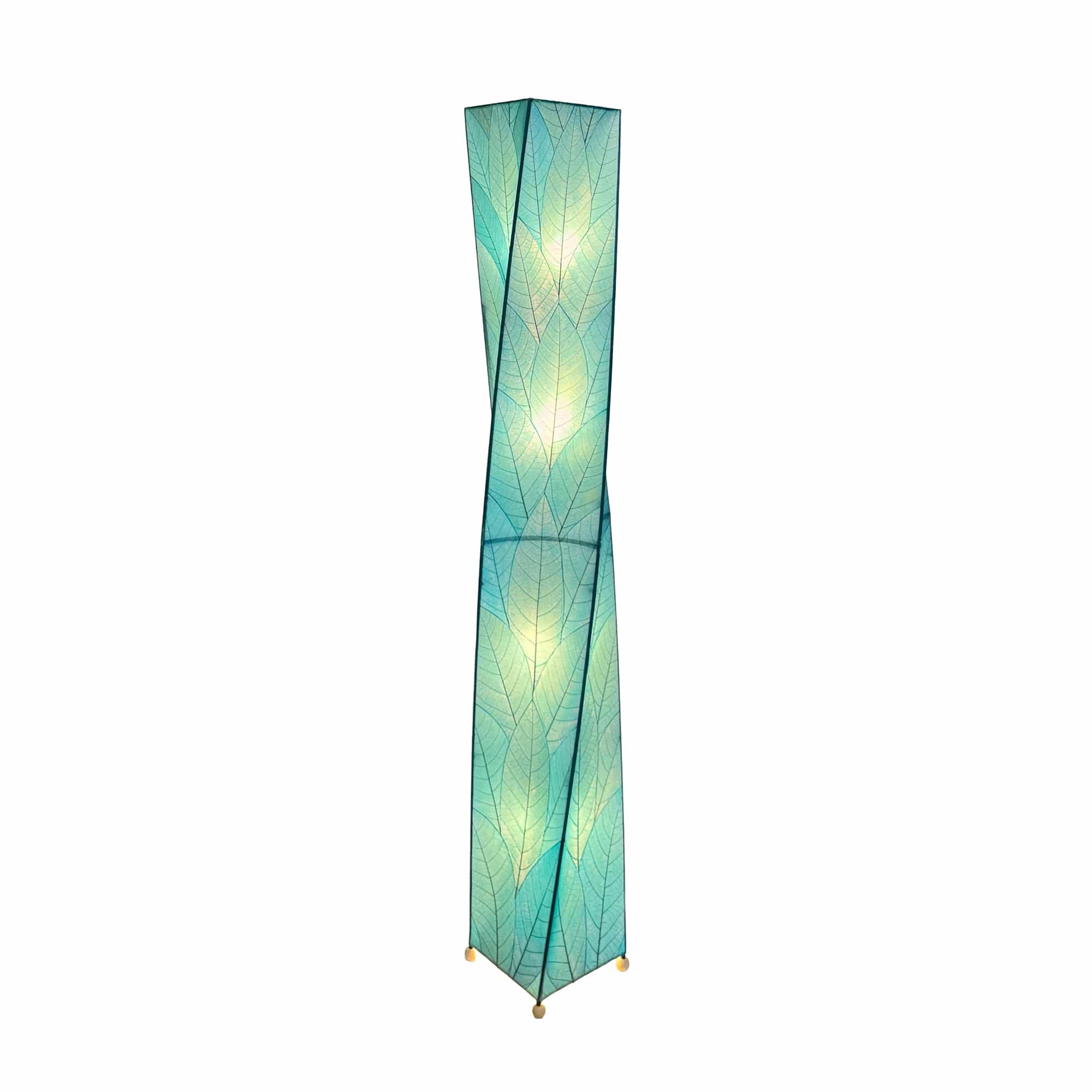 Crafted by the artisans of Eangee Home Design, the Twist Giant Floor Lamp in sea blue against a clean backdrop, featuring fossilized cocoa leaf shade, wrought iron frame.