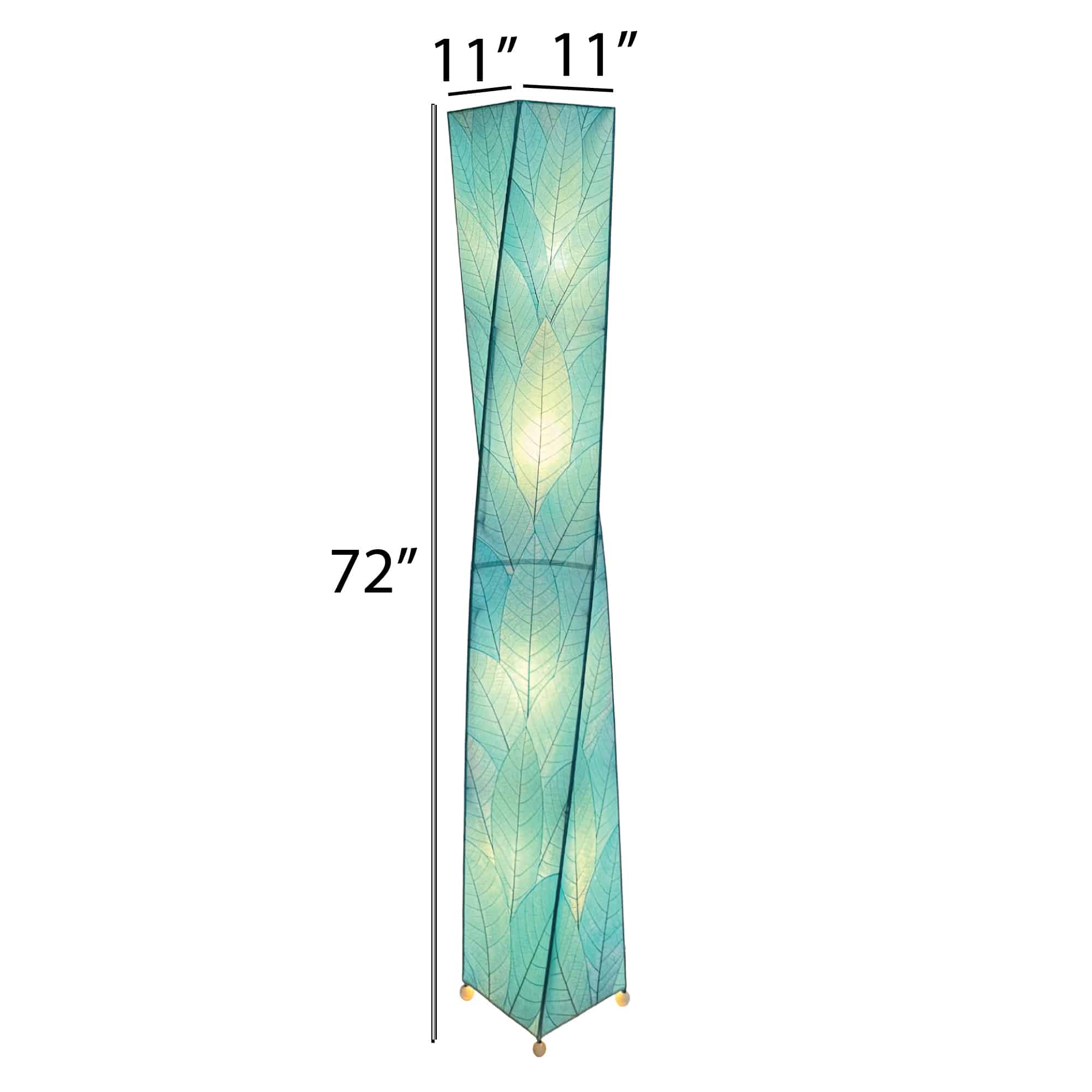 The Twist Giant Floor crafted by the artisans of Eangee Home Design Lamp in sea blue finish by Eangee Home Design displayed against a white background highlights its fossilized cocoa leaf panels, powder coated wrought iron frame, wrought iron frame, and hand placed natural leaves, designed to there's a quiet drama to the twist giant floor lamp like a sculpture mid turn, caught in motion.