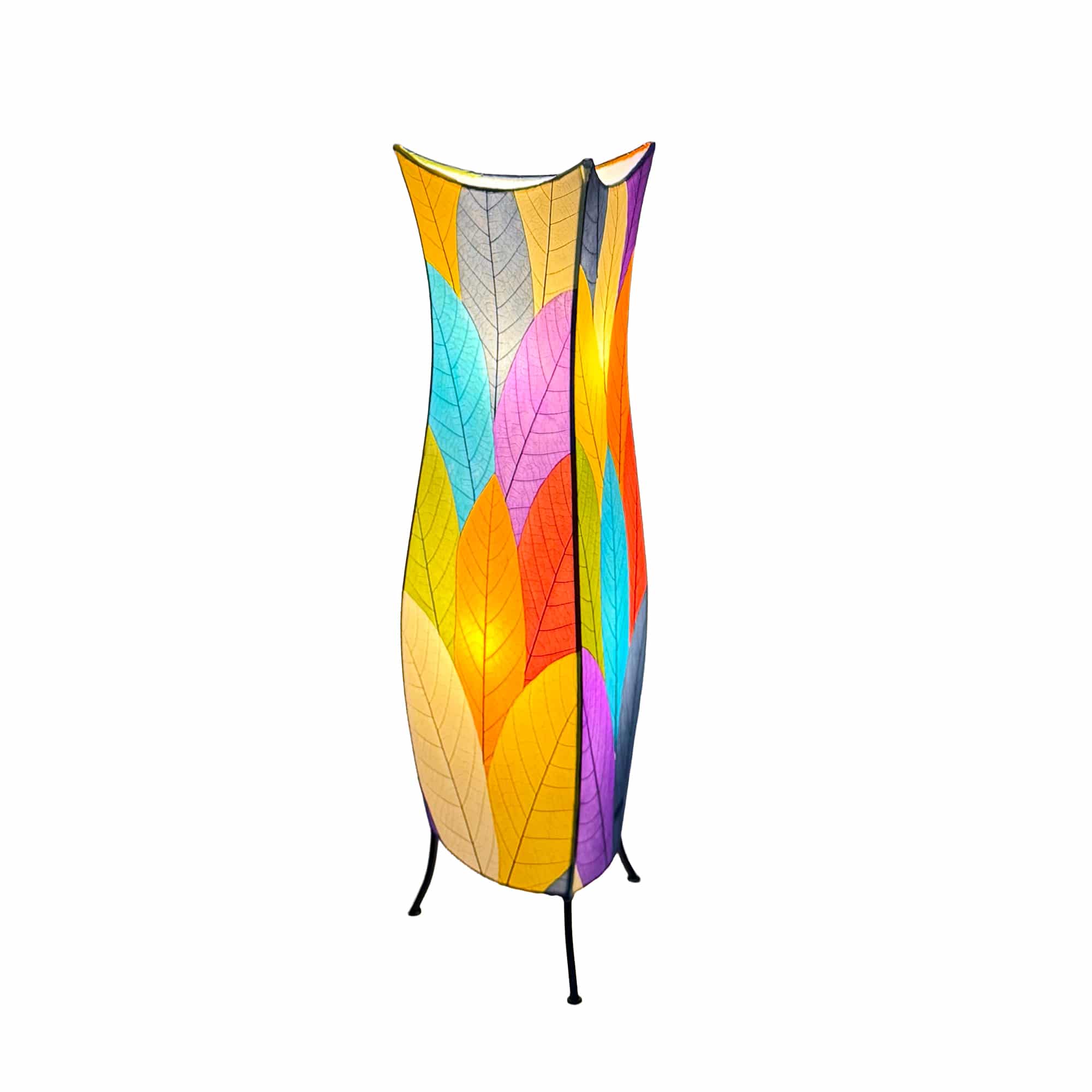 In a coastal inspired living room, crafted by the artisans of Eangee Home Design, the Flowerbud Large Floor Lamp in multi color stands gracefully, featuring fossilized cocoa leaf shade, adding warmth and character to the space.