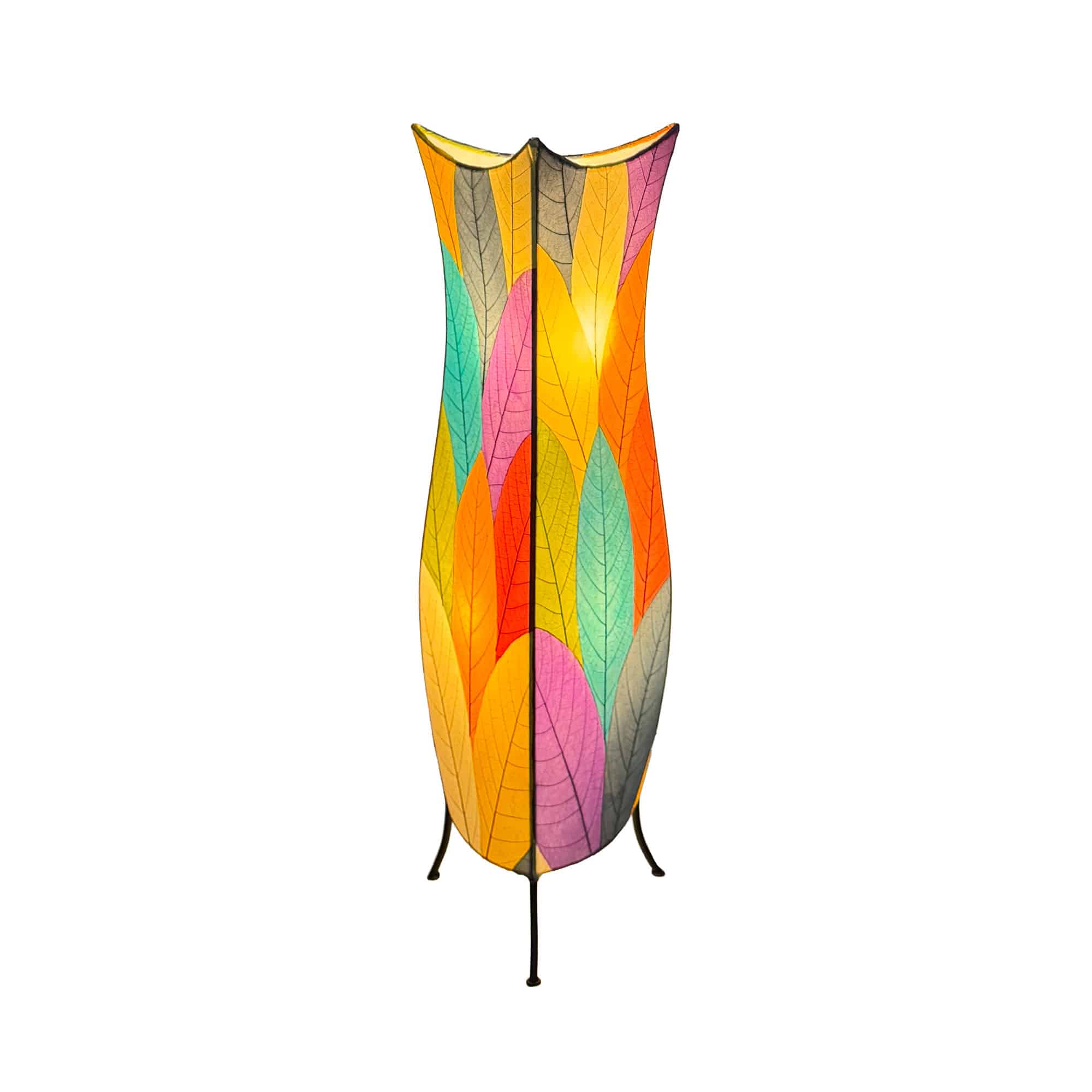 In a sun drenched entryway, crafted by the artisans of Eangee Home Design, the Flowerbud Large Floor Lamp in multi color stands gracefully, featuring fossilized cocoa leaf shade, adding warmth and character to the space.