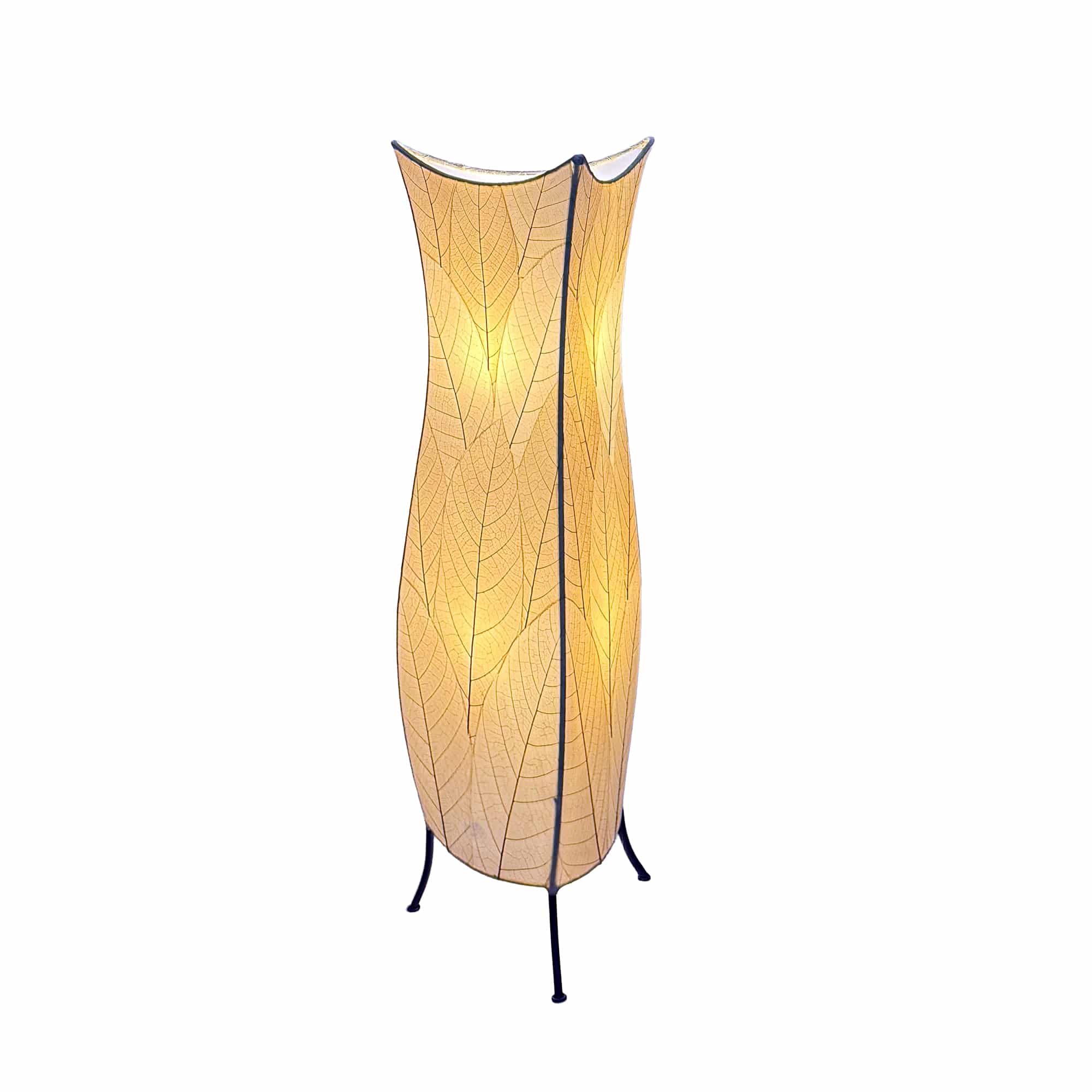 In a minimalist loft with natural textures, crafted by the artisans of Eangee Home Design, the Flowerbud Large Floor Lamp in natural stands gracefully, featuring fossilized cocoa leaf shade, adding warmth and character to the space.