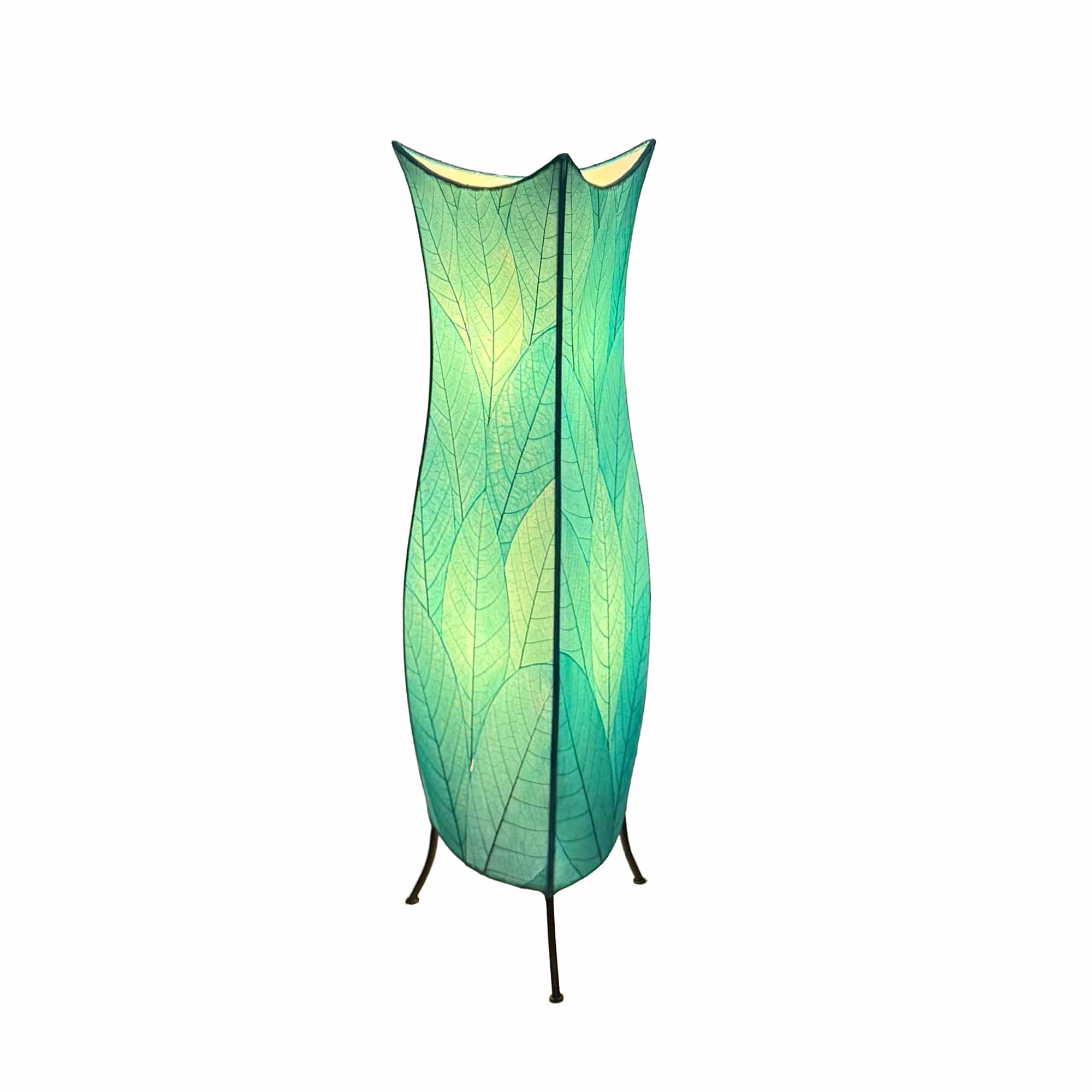 In a minimalist loft with natural textures, crafted by the artisans of Eangee Home Design, the Flowerbud Large Floor Lamp in sea blue stands gracefully, featuring fossilized cocoa leaf shade, adding warmth and character to the space.