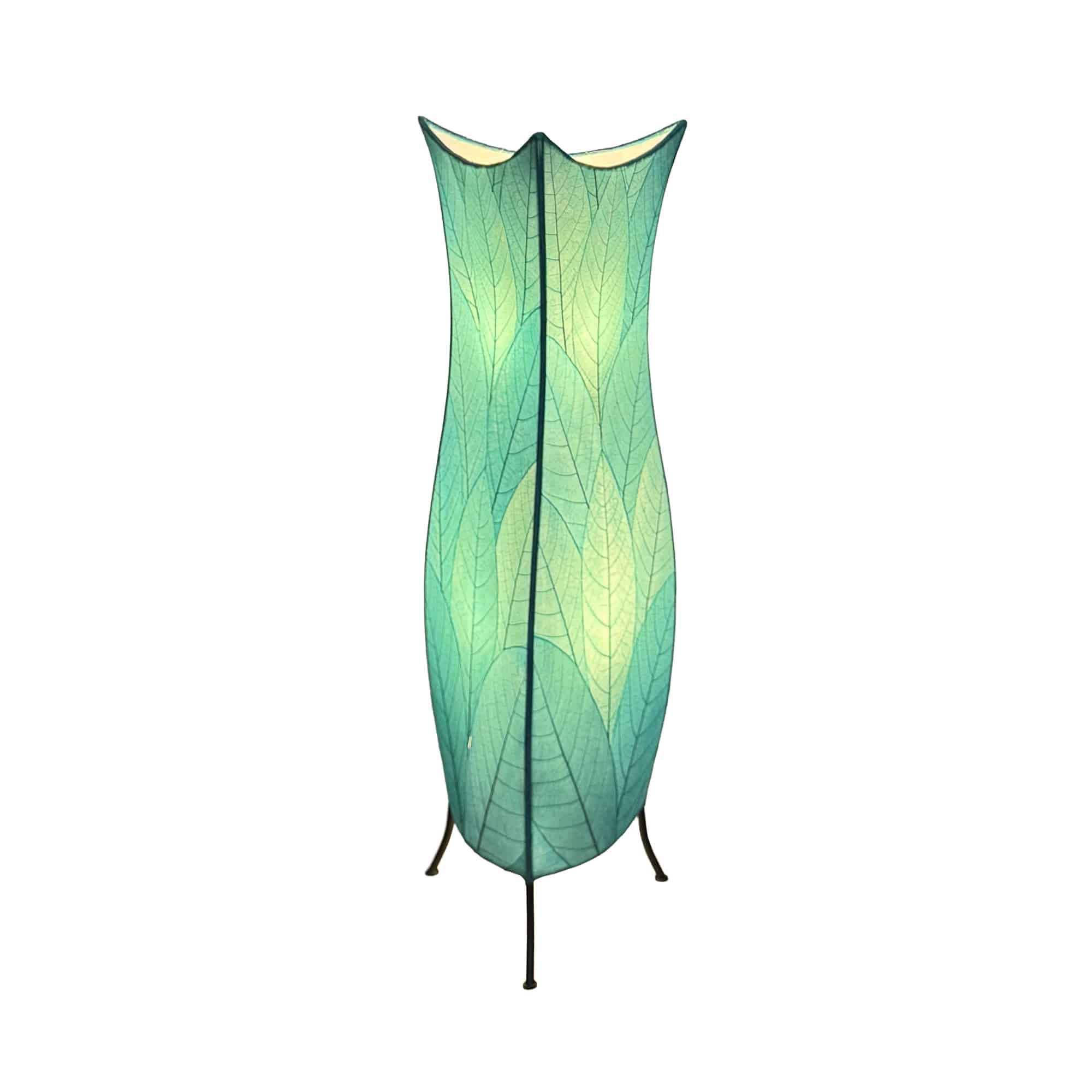 In a modern interior with earth tones, crafted by the artisans of Eangee Home Design, the Flowerbud Large Floor Lamp in sea blue stands gracefully, featuring fossilized cocoa leaf shade, adding warmth and character to the space.
