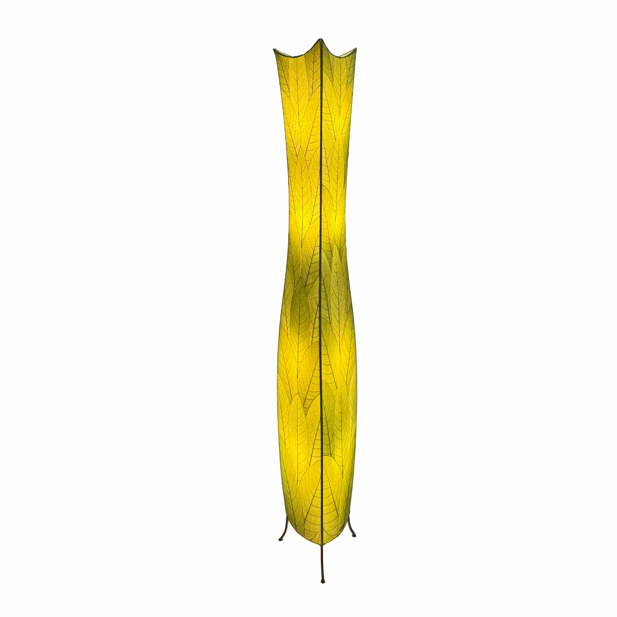 Crafted by the artisans of Eangee Home Design, the Flowerbud Giant Floor Lamp in green against a clean backdrop, featuring fossilized cocoa leaf shade.
