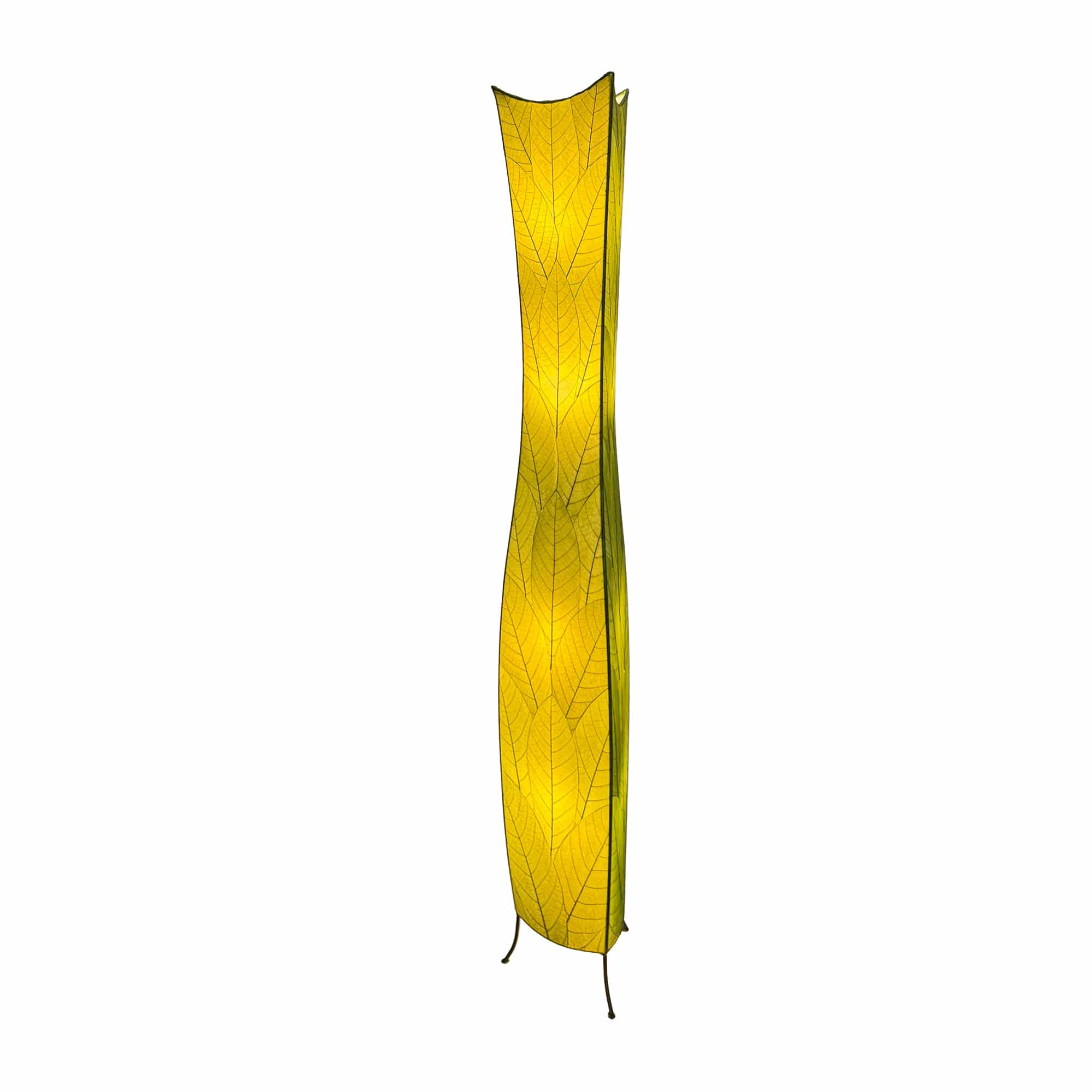 Crafted by the artisans of Eangee Home Design, the Flowerbud Giant Floor Lamp in green against a clean backdrop, featuring fossilized cocoa leaf shade.