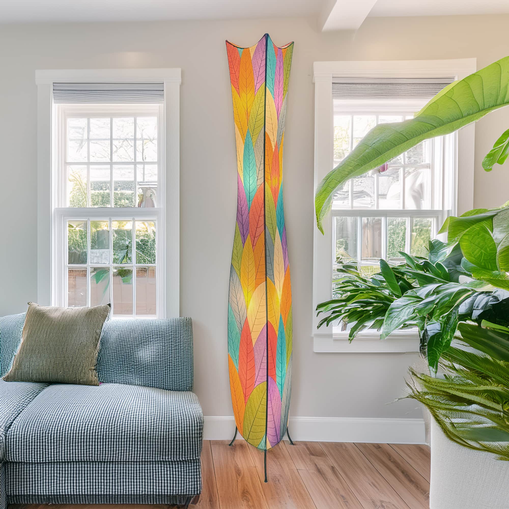 Crafted by the artisans of Eangee Home Design, the Flowerbud Giant Floor Lamp in multi color against a clean backdrop, featuring fossilized cocoa leaf shade.