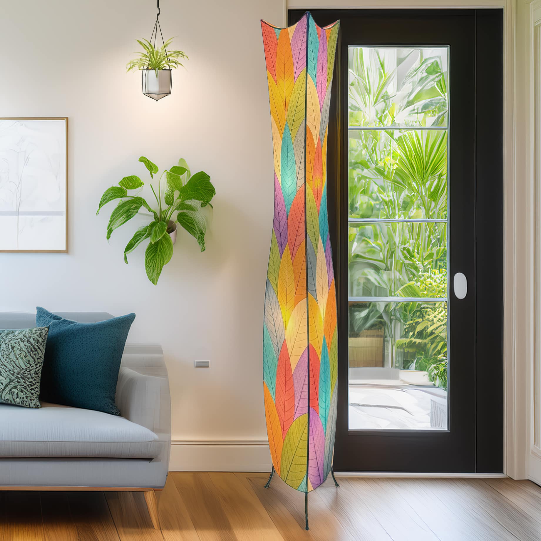 Crafted by the artisans of Eangee Home Design, the Flowerbud Giant Floor Lamp in multi color against a clean backdrop, featuring fossilized cocoa leaf shade.
