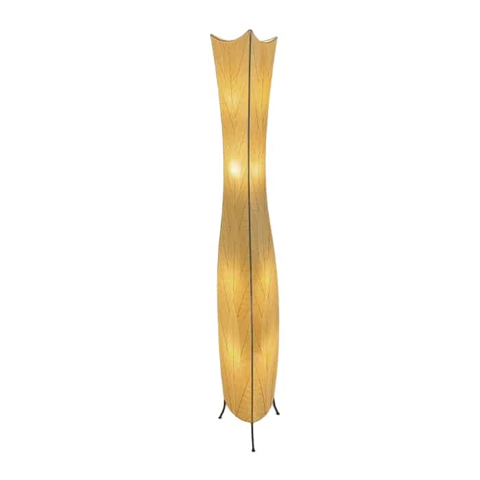 Crafted by the artisans of Eangee Home Design, the Flowerbud Giant Floor Lamp in natural against a clean backdrop, featuring fossilized cocoa leaf shade.