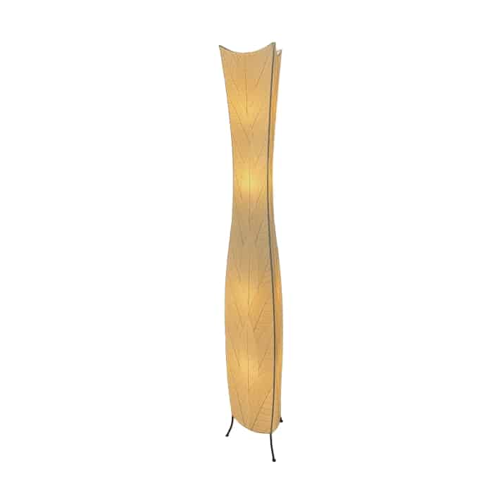 Crafted by the artisans of Eangee Home Design, the Flowerbud Giant Floor Lamp in natural against a clean backdrop, featuring fossilized cocoa leaf shade.