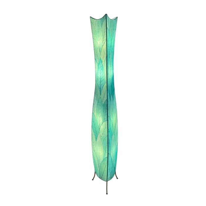 Crafted by the artisans of Eangee Home Design, the Flowerbud Giant Floor Lamp in sea blue against a clean backdrop, featuring fossilized cocoa leaf shade.