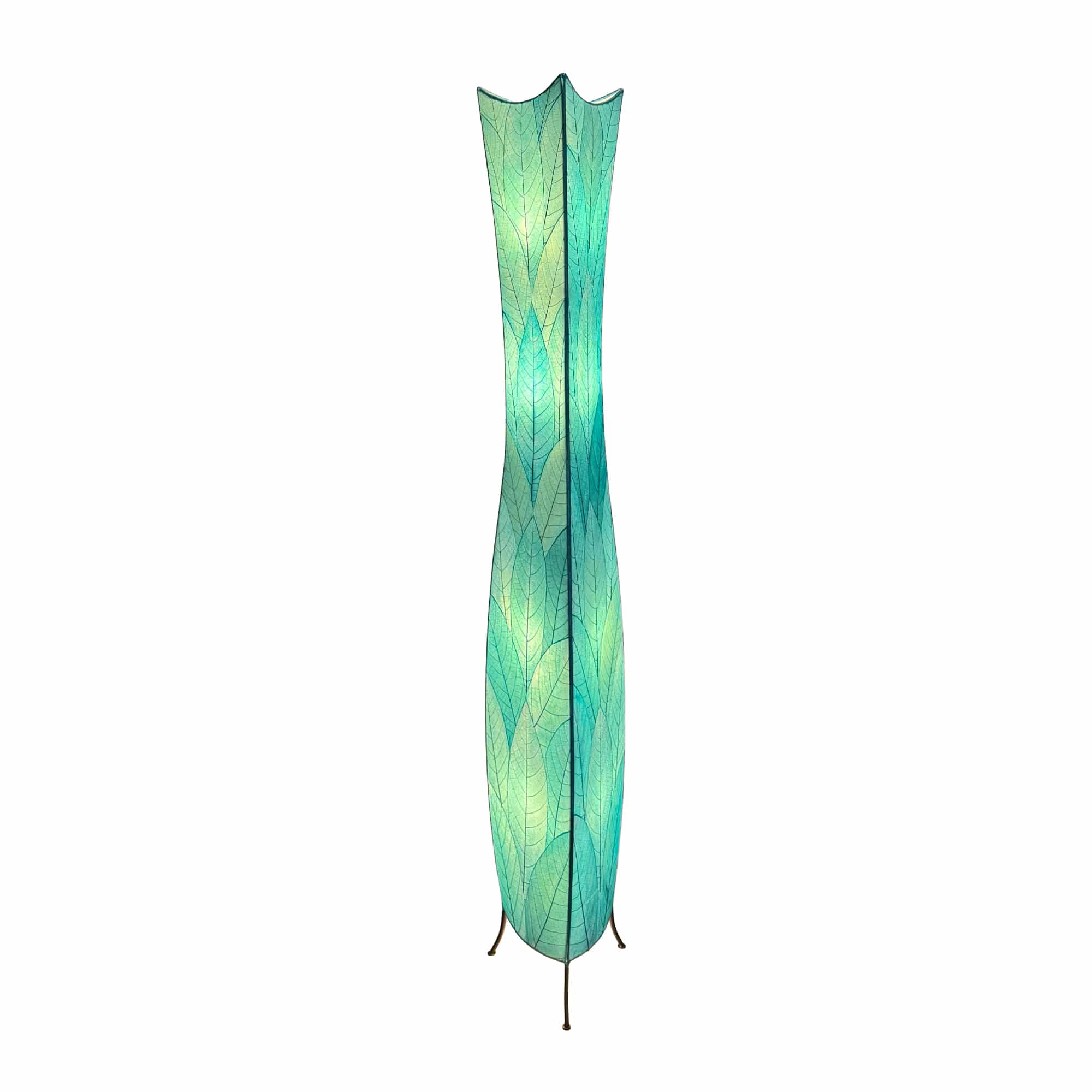Crafted by the artisans of Eangee Home Design, the Flowerbud Giant Floor Lamp in sea blue against a clean backdrop, featuring fossilized cocoa leaf shade.