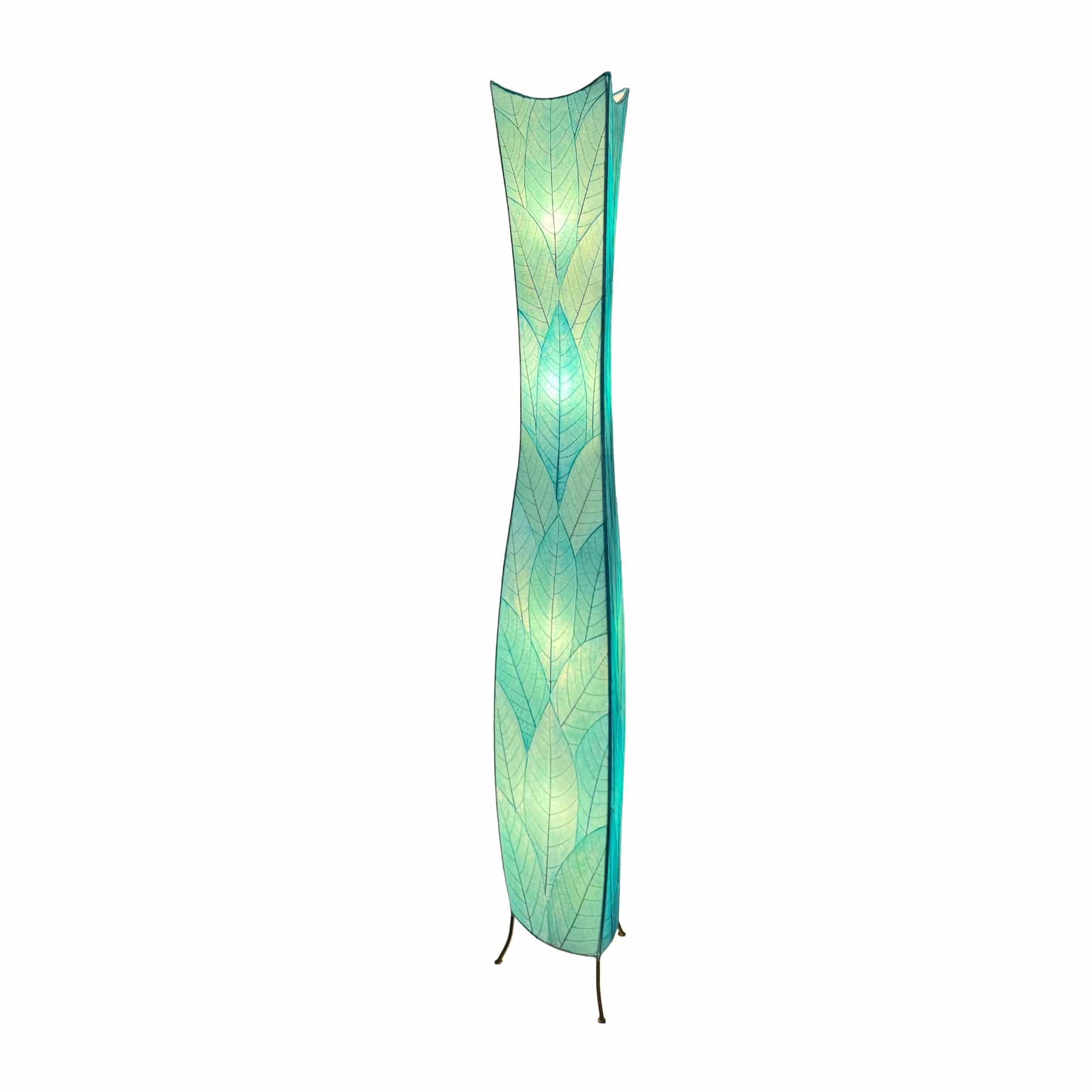 Crafted by the artisans of Eangee Home Design, the Flowerbud Giant Floor Lamp in sea blue against a clean backdrop, featuring fossilized cocoa leaf shade.