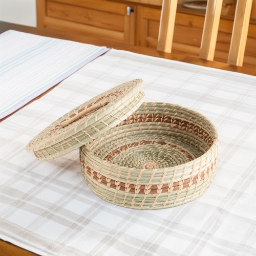 Handwoven V-shaped basket made from rattan and bamboo"