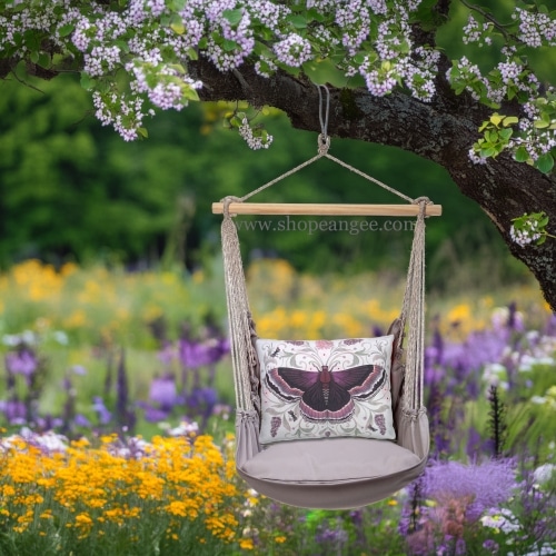 In a poolside chaise a gray outdoor swing crafted by the artisans of Magnolia Casual called the Swing Set 4 piece Gray Solid w/ Mauve Butterfly is displayed featuring 100 percent weather resistant fabric, weather resistant polyester fabric, handcrafted adding comfort and style to the space featuring with a butterfly motif and shades of gray.