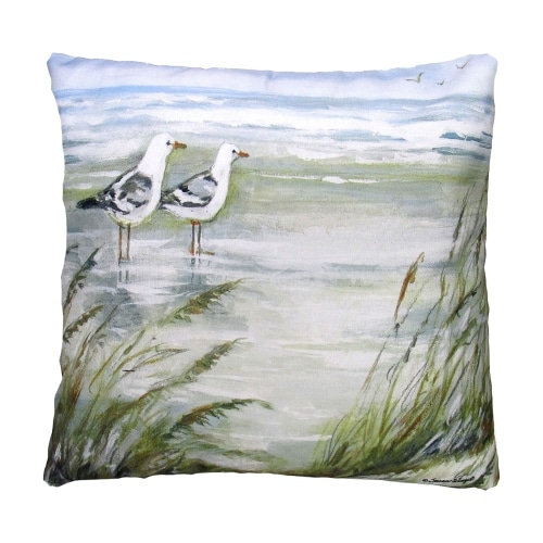 Multi colored outdoor pillow crafted by the artisans of Magnolia Casual called the Outdoor Pillow Seagulls on Beach 18x18 featuring quality outdoor fabric shown against a clean backdrop.