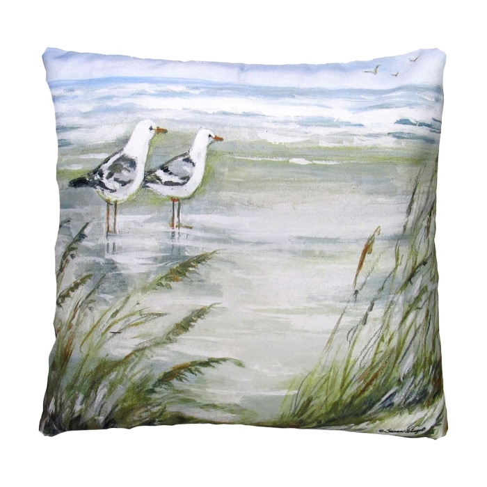 Multi colored outdoor pillow crafted by the artisans of Magnolia Casual called the Outdoor Pillow Seagulls on Beach 18x18 featuring quality outdoor fabric shown against a clean backdrop.
