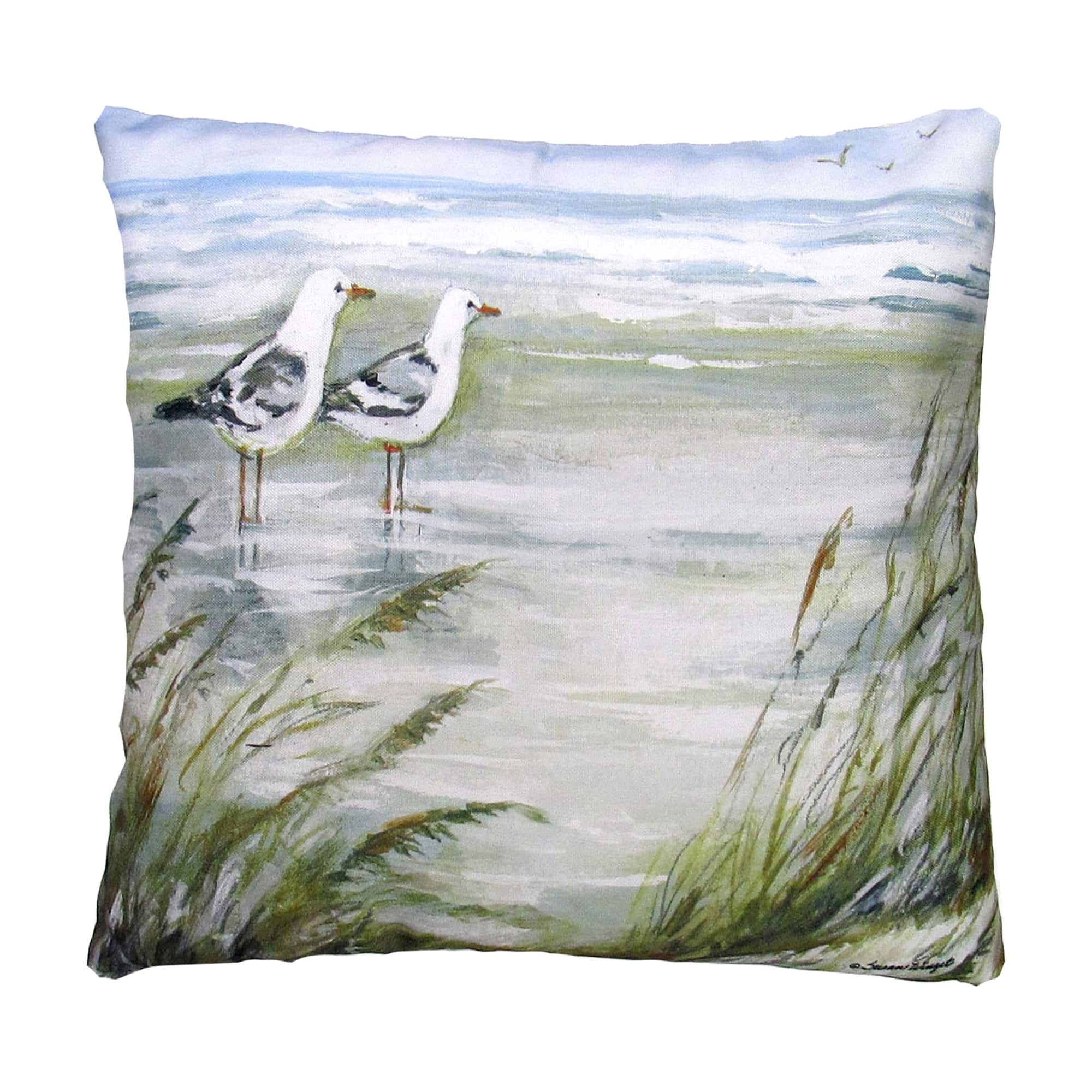 Multi colored outdoor pillow crafted by the artisans of Magnolia Casual called the Outdoor Pillow Seagulls on Beach 18x18 featuring quality outdoor fabric shown against a clean backdrop.