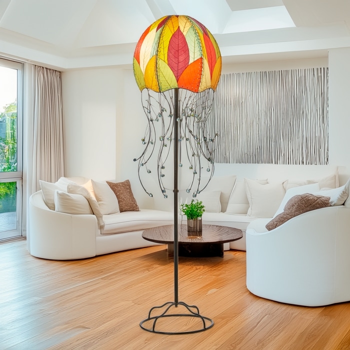 Multicolor Jellyfish Large Floor Lamp by Eangee Home Design - dome shade formed from fossilized cocoa leaves with iron tendril 'tentacles' dotted by glass beads; casts a warm organic glow while evoking the movement of a drifting jellyfish.