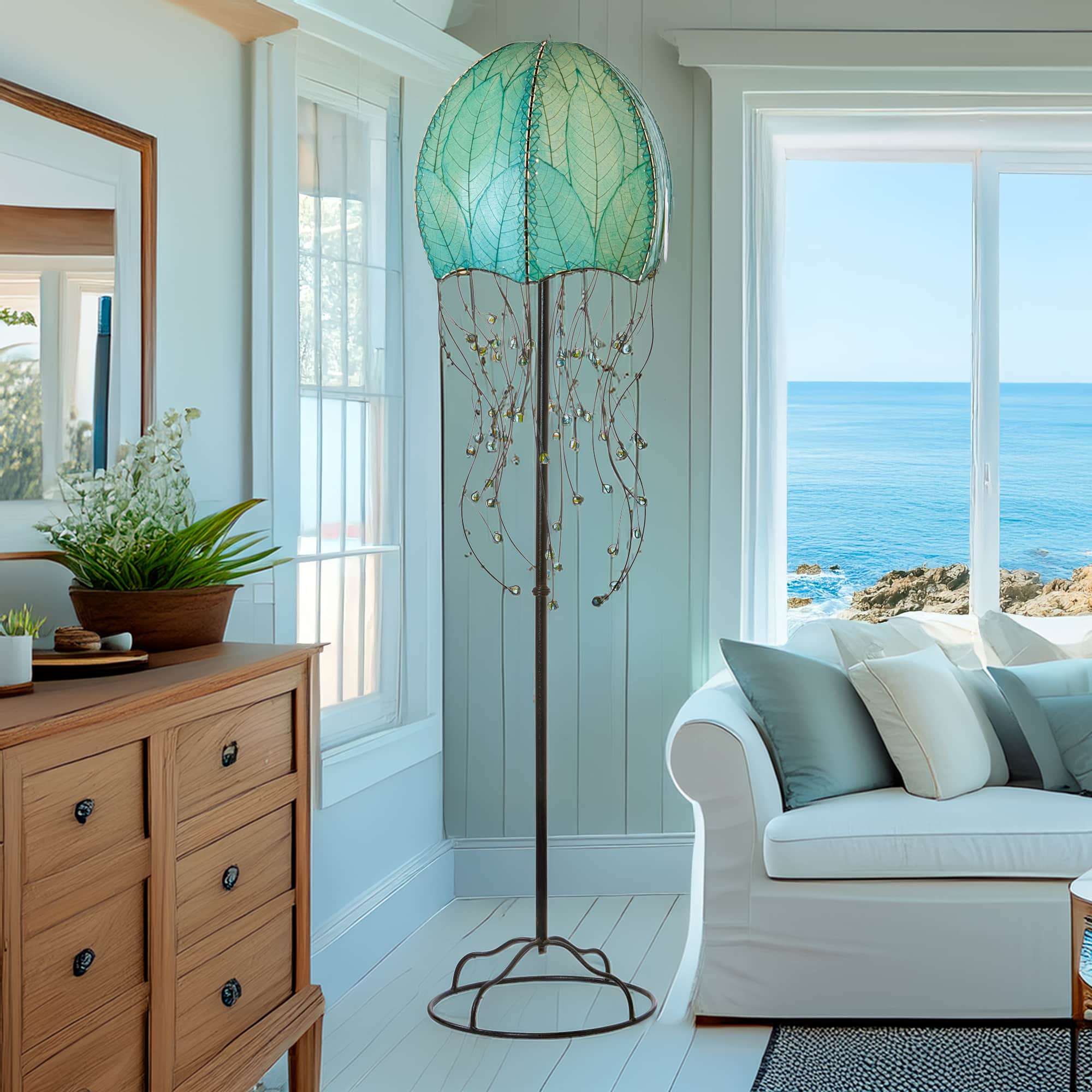 Sea Blue Jellyfish Large Floor Lamp by Eangee Home Design - dome shade formed from fossilized cocoa leaves with iron tendril 'tentacles' dotted by glass beads; gently glows while adding sculptural ocean?inspired motion.