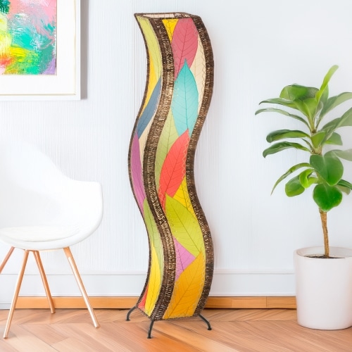Multicolor Wave Large Floor Lamp by Eangee Home Design - flowing S-shaped floor lamp wrapped in vivid fossilized cocoa leaves; artisan-crafted piece radiates colorful ambient glow, capturing motion in light.