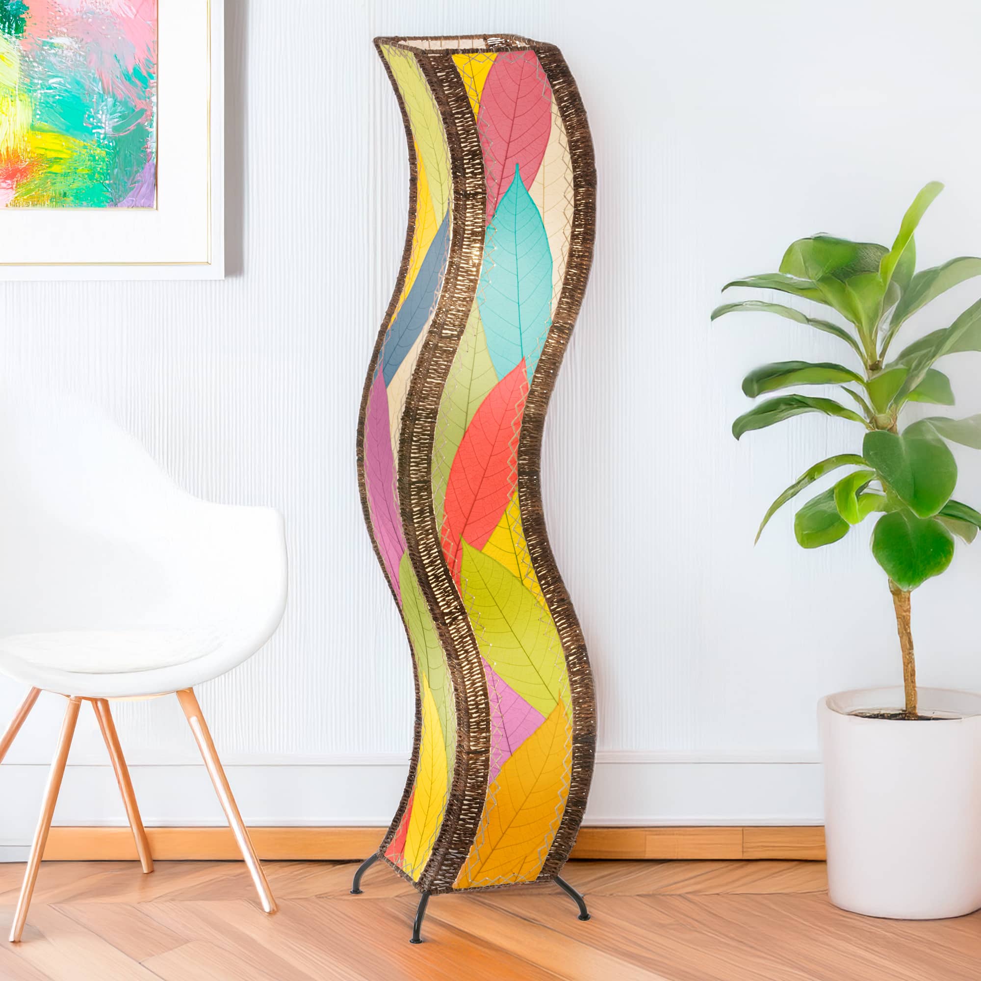 Multicolor Wave Large Floor Lamp by Eangee Home Design - flowing S-shaped floor lamp wrapped in vivid fossilized cocoa leaves; artisan-crafted piece radiates colorful ambient glow, capturing motion in light.