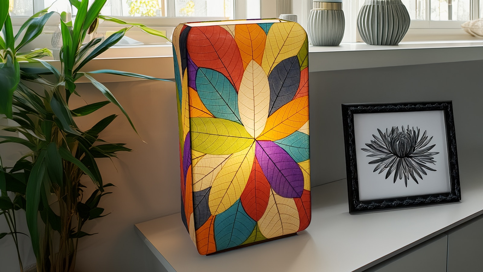 A colorful table lamp with a shade of overlapping, translucent leaves in rainbow hues sits on a white surface near a potted plant, decorative vases, and a framed black-and-white flower drawing—perfect inspiration for those exploring how to use floor lamps creatively.