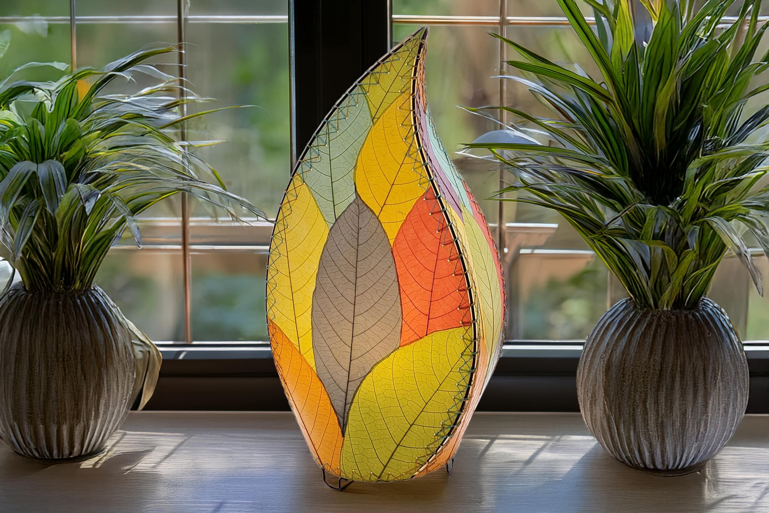 Leaf-shaped table lamp made from colorful fossilized leaves, glowing softly on a windowsill between two round ceramic planters with green foliage.