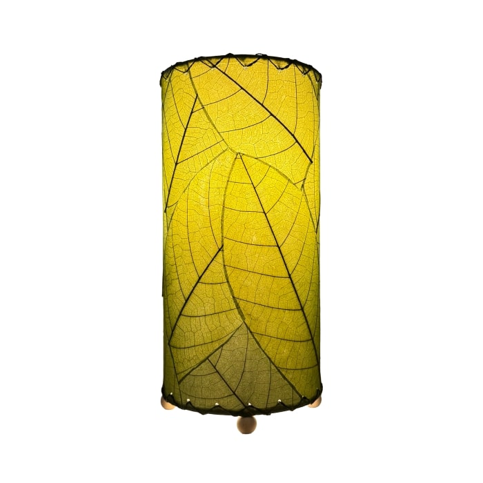 Eangee Home Design 380 Series Green table lamp with fossilized leaf panels, glowing warmly against white background to emphasize the natural texture and eco-friendly craftsmanship.