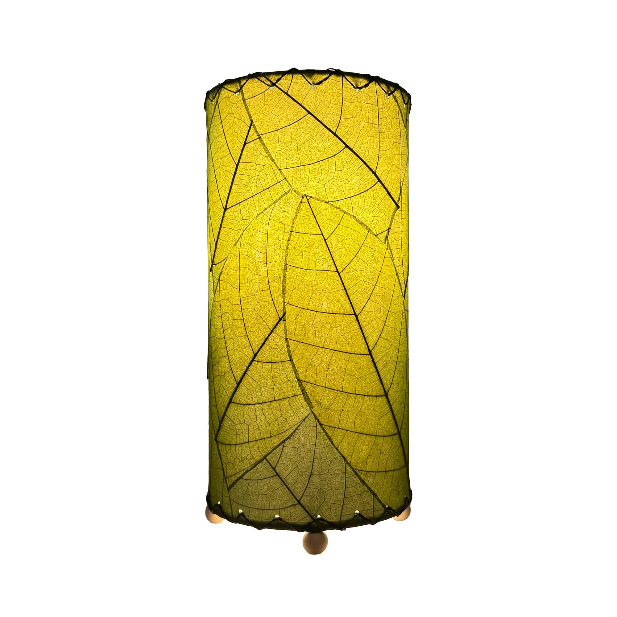 Eangee Home Design 380 Series Green table lamp with fossilized leaf panels, glowing warmly against white background to emphasize the natural texture and eco-friendly craftsmanship.