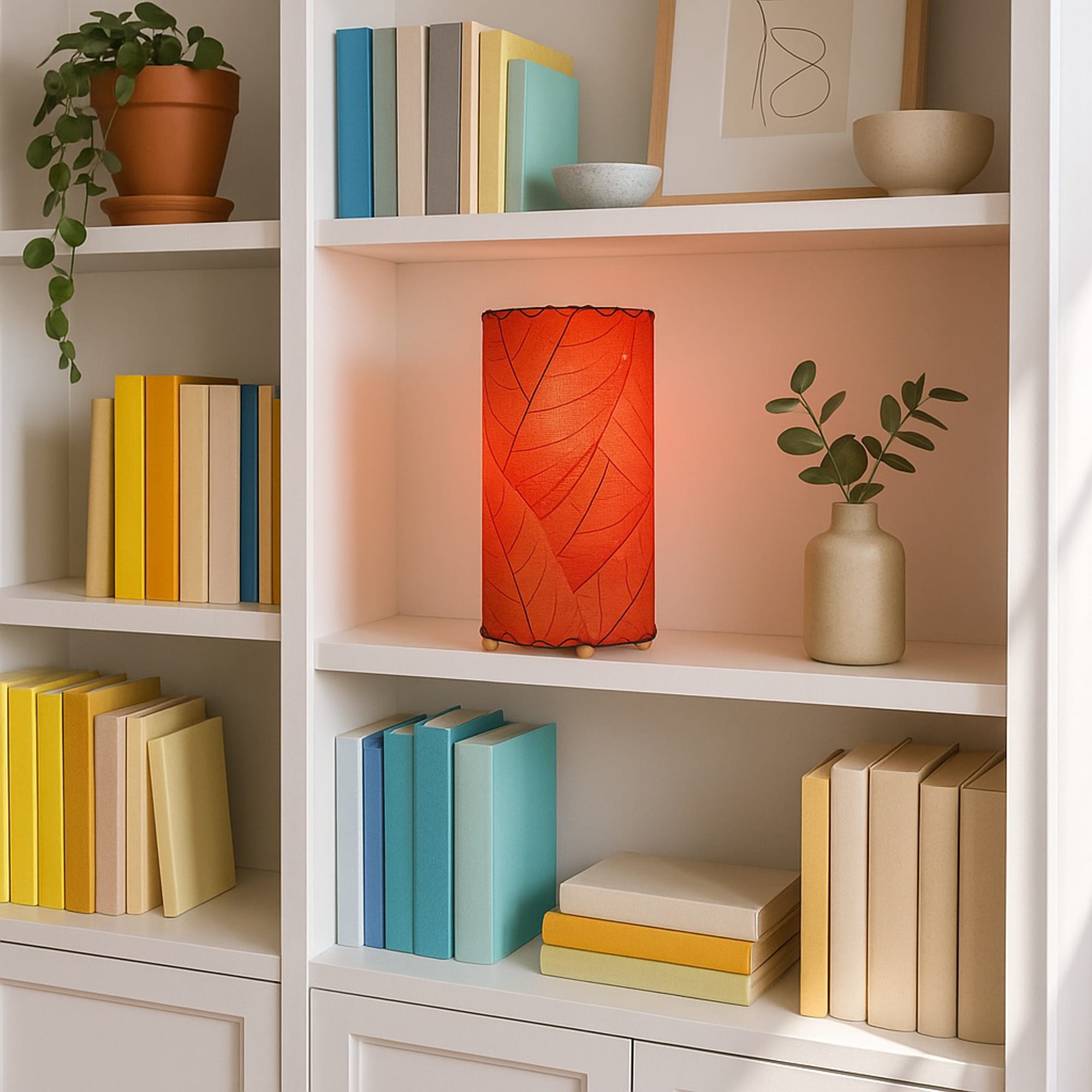 Red Eangee eco-friendly lamp with cocoa leaf shade, styled on a white shelving unit among colorful books and ceramics.