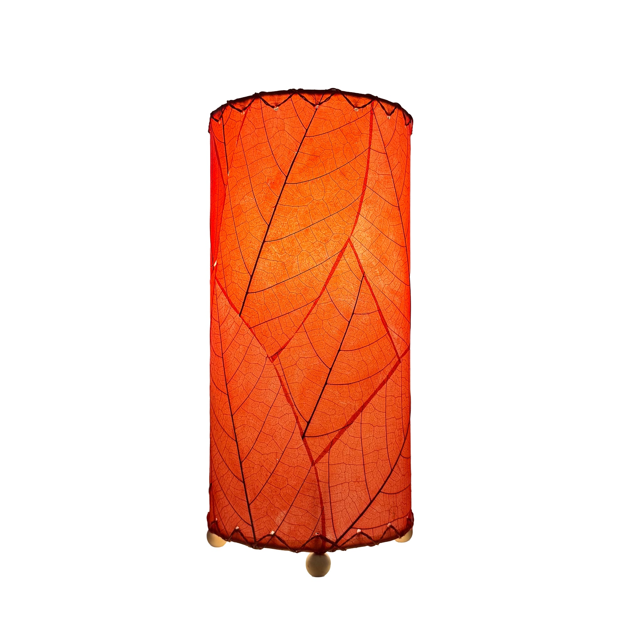 Eangee Home Design 380 Series Red table lamp crafted from real fossilized leaves, glowing in bold scarlet on white background, showcasing fair-trade artisan leaf pattern construction.