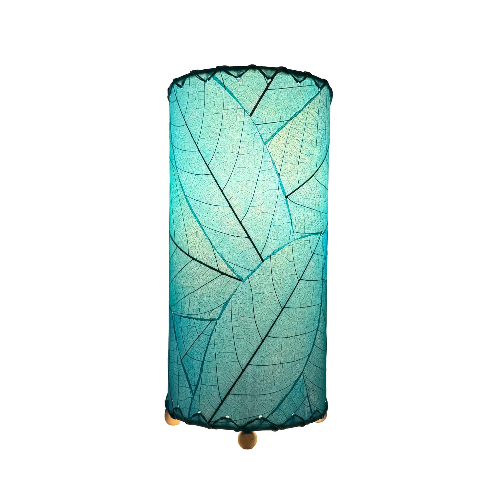 Eangee Home Design 380 Series Sea Blue table lamp crafted from real fossilized leaves, shown in studio on white background highlighting its translucent teal glow and leaf vein detail.