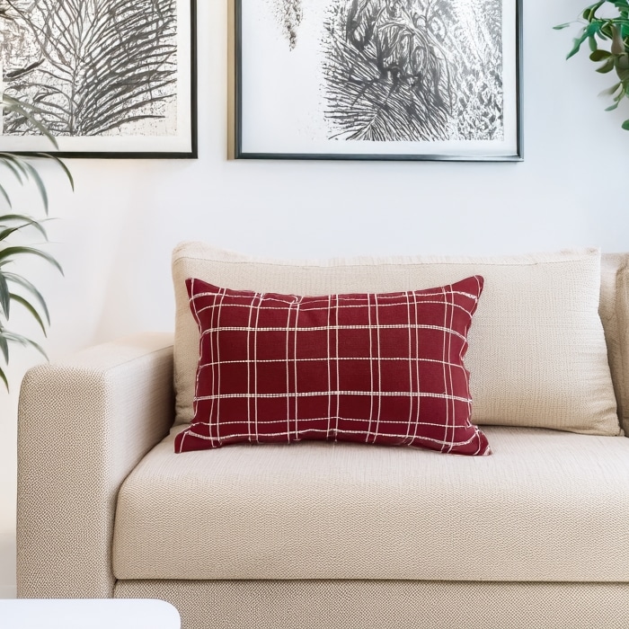 Grid Lumbar Pillow Cover Burgundy <br>(Item # ss25_pc09) - Image 2
