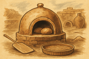 Hand-drawn illustration of an ancient clay oven with loaves of bread baking inside and a terracotta bread warmer basket in the foreground, highlighting the historic link between clay and breadmaking.