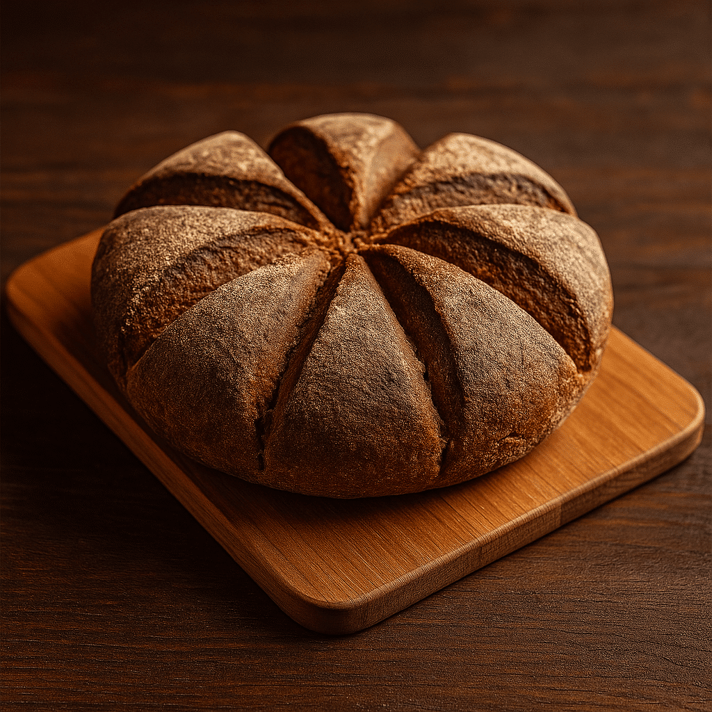 Ancient-style round panis quadratus bread with scored sections, inspired by Pompeii, cooling on a wooden board.