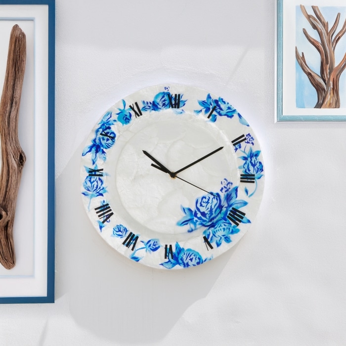 Clock Wall Decor With Blue Flowers <br>(Item # m1504) - Image 2